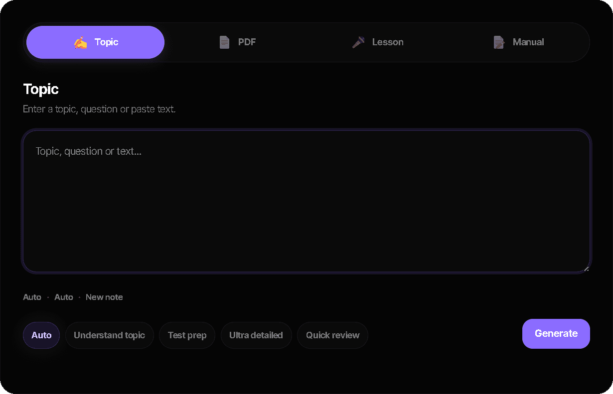 FASTLLY topic note generator with Topic, PDF, Lesson and Manual source options